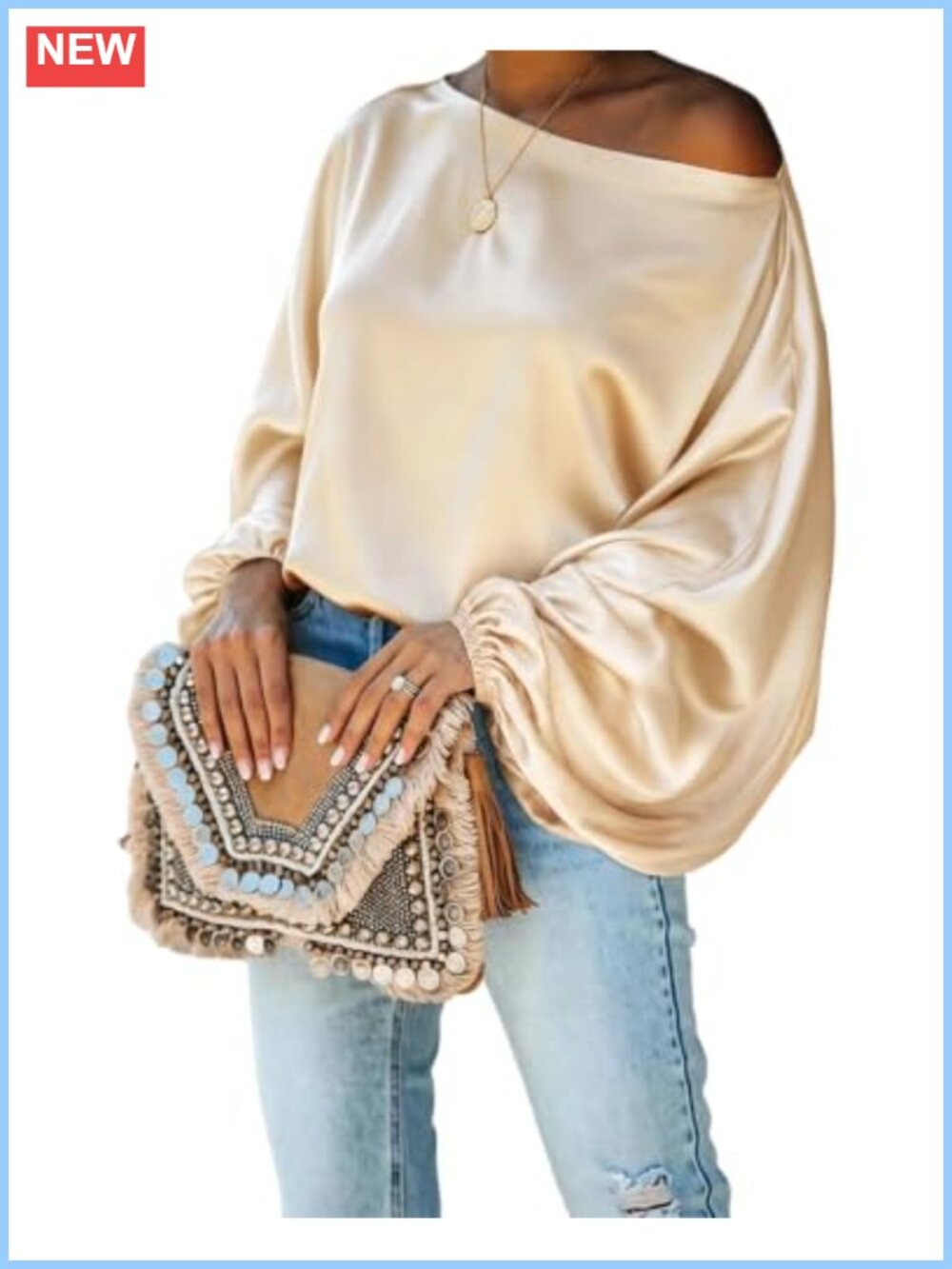 Satin Off Shoulder Blouse Skew Neck Lantern Sleeve Women's Top